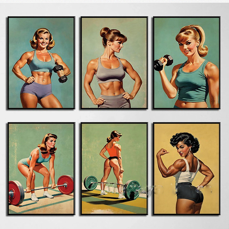 Home Gym On Wall - โปสเตอร์และภาพพิมพ์บนผ้าแคนวาส ภาพวาดการเพาะกาย ยกน้ำหนัก ศิลปะตกแต่งผนังสำหรับห้องออกกำลังกาย ภาพผู้หญิงย้อนยุคออกกำลังกาย ฟิตเนส