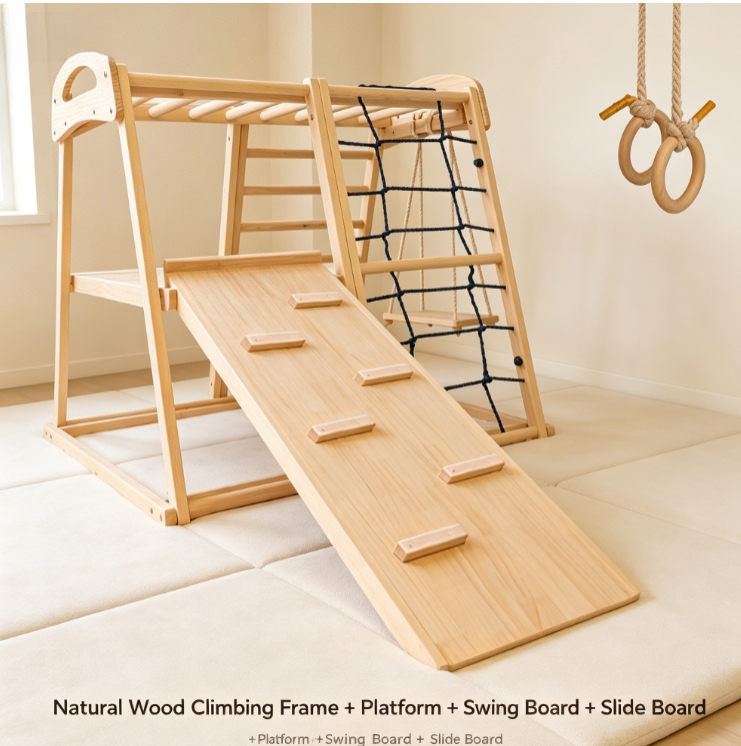 Home Gym For Toddlers - โครงปีนป่ายไม้ใหม่สำหรับเล่นในร่ม พร้อมสไลด์ ชุดชิงช้า ทำจากไม้เบิร์ชธรรมชาติ สำหรับเด็กเล็ก พร้อมสามเหลี่ยมปิคเลอร์
