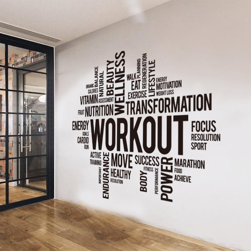 Home Gym On Wall - ยิมออกกําลังกาย Word Cloud สติ๊กเกอร์ติดผนังสํานักงาน Crossfit ฟิตเนสสร้างแรงบันดาลใจอ้าง