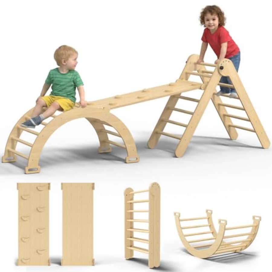 Home Gym For Toddlers - ชุดของเล่นปีนป่ายสำหรับเด็กเล็กในร่ม: สามเหลี่ยมปิคเลอร์ไม้ธรรมชาติพร้อมโครงโค้ง ทางลาด และบันได; สนามเด็กเล่นมอนเตสซอรี่แบบพับได้สำหรับใช้ในบ้าน