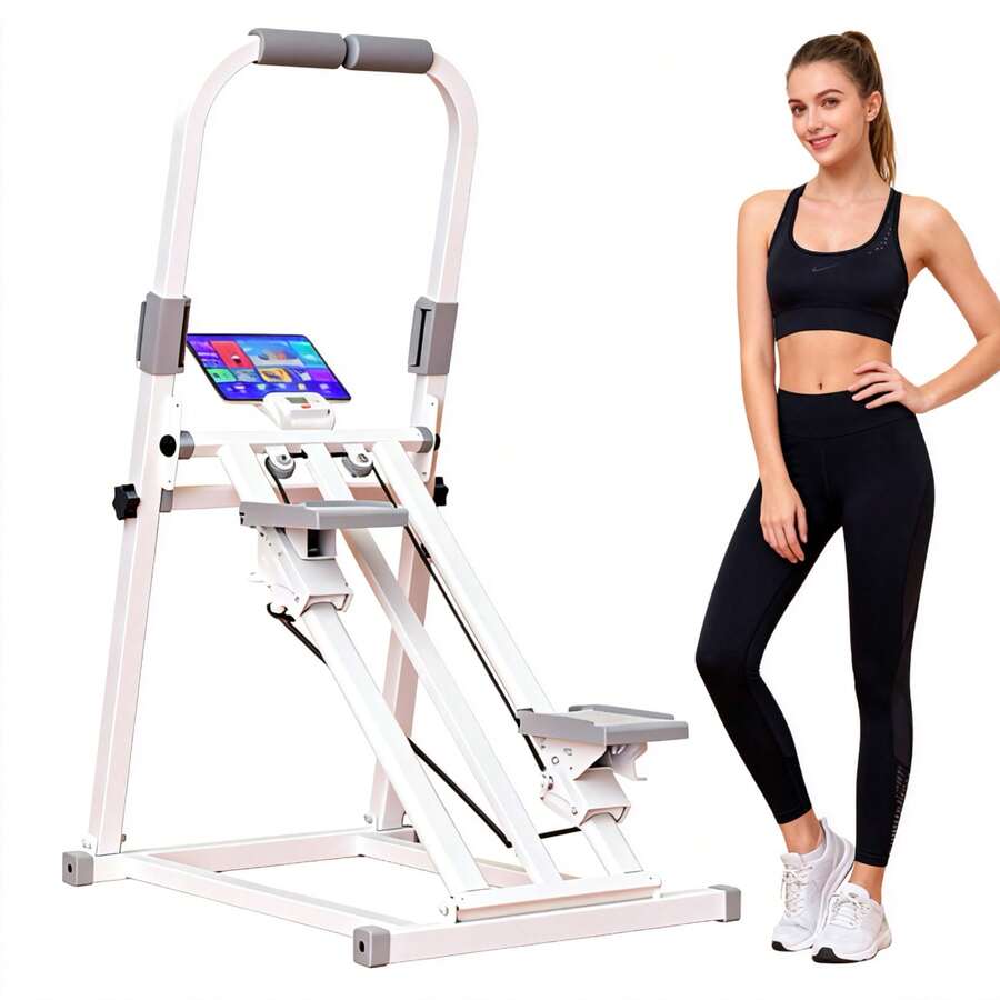 Home Gym No Equipment - เครื่องเดินบันไดสำหรับออกกำลังกายที่บ้าน, เครื่องเดินบันไดแบบพับได้พร้อมที่จับ, ปรับแรงต้านได้, มีตัวตั้งเวลาและที่วางโทรศัพท์, อุปกรณ์คาร์ดิโอที่เงียบสงบ, รองรับน้ำหนักได้ถึง