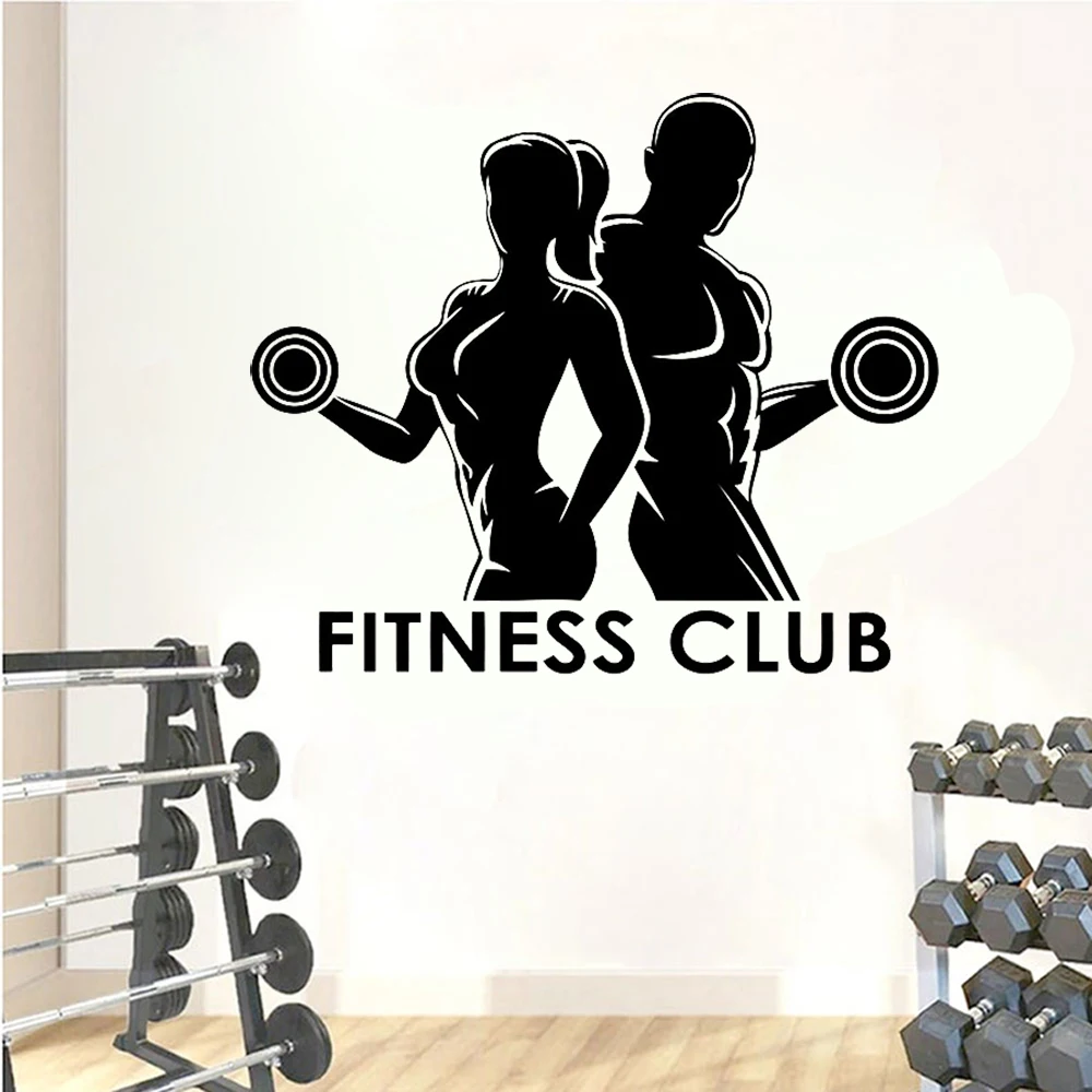 Home Gym On Wall - Man Woman Gymสติ๊กเกอร์ติดผนังฟิตเนสคลับกีฬารูปลอกผนังไวนิลArt Decorสติกเกอร์ภาพจิตรกรรมฝาผนังGymตกแต่งDecals C373